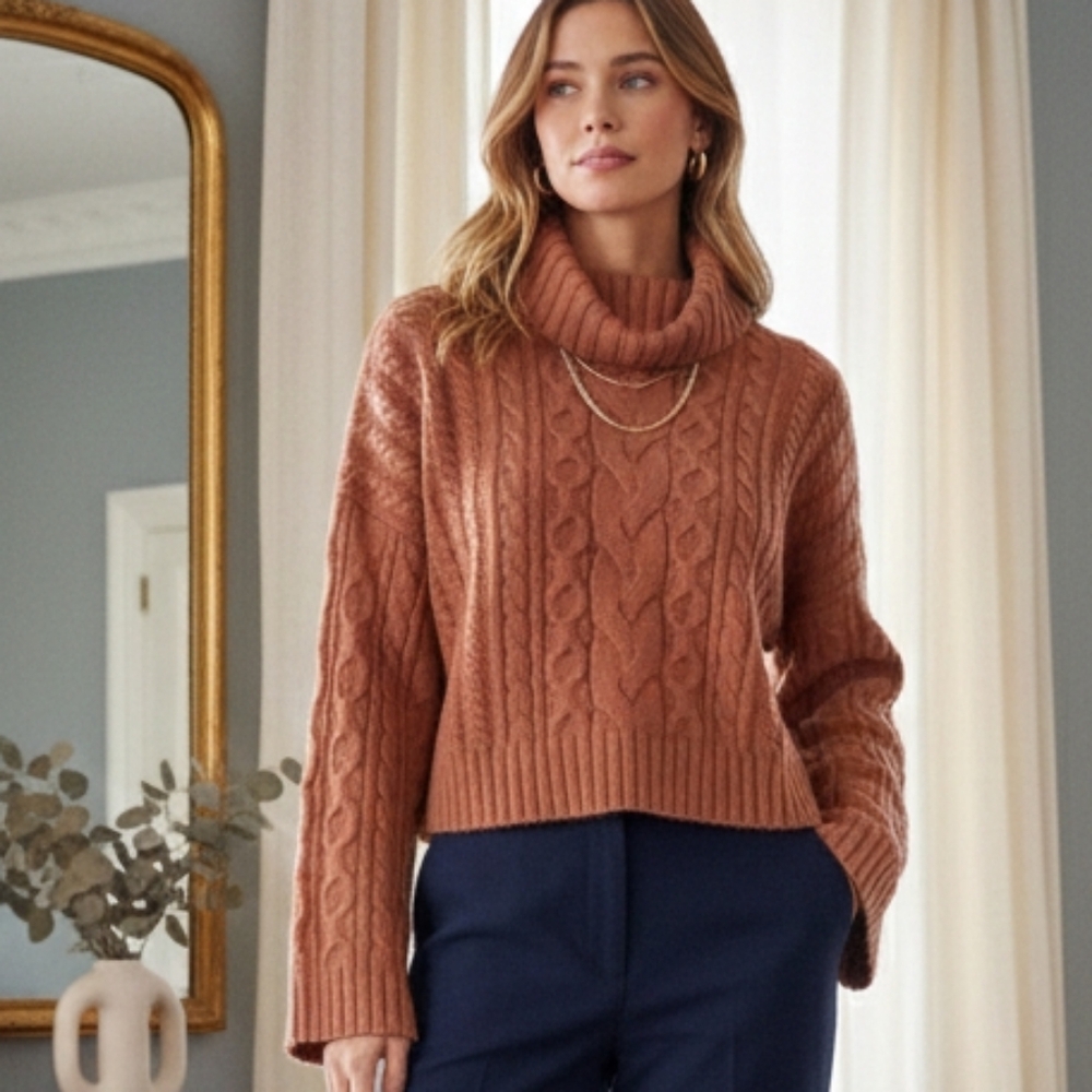 NWT WAYF S Camel Cable Knit Bell Sleeve Cropped Turtleneck Modern Contemporary